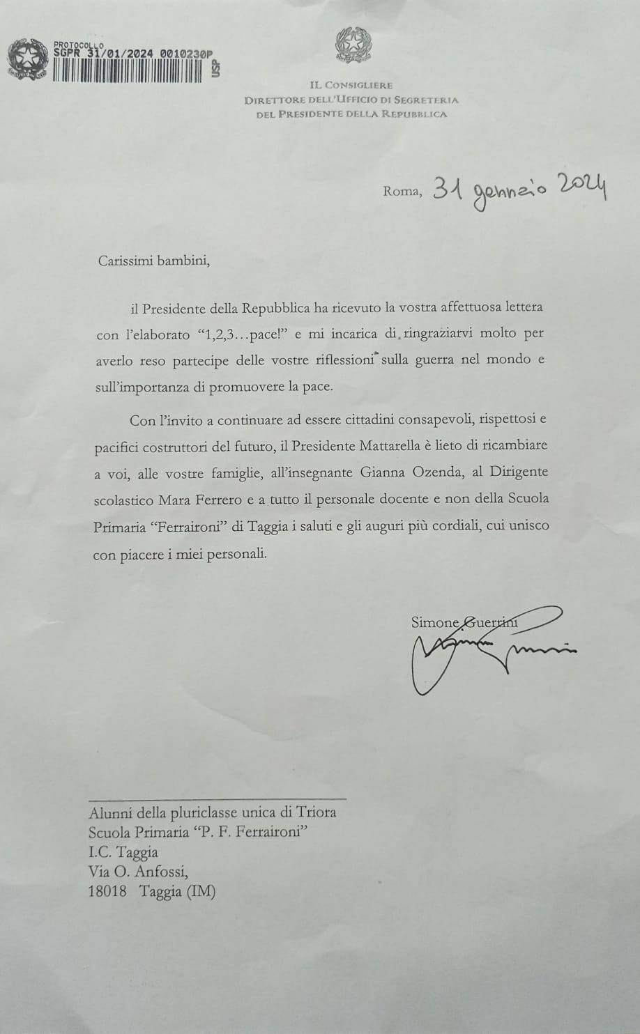 riviera24- Il presidente Mattarella scrive agli alunni delle elementari di Triora